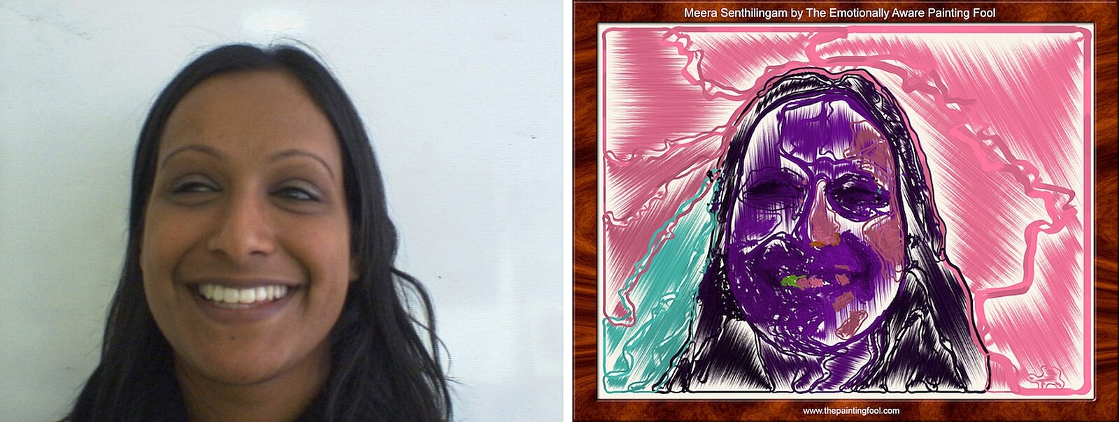 Figure 15.1  
Happy face (left). As rendered by The Painting Fool, in vibrant pastels, with an “electric” background, 2015 (right).  