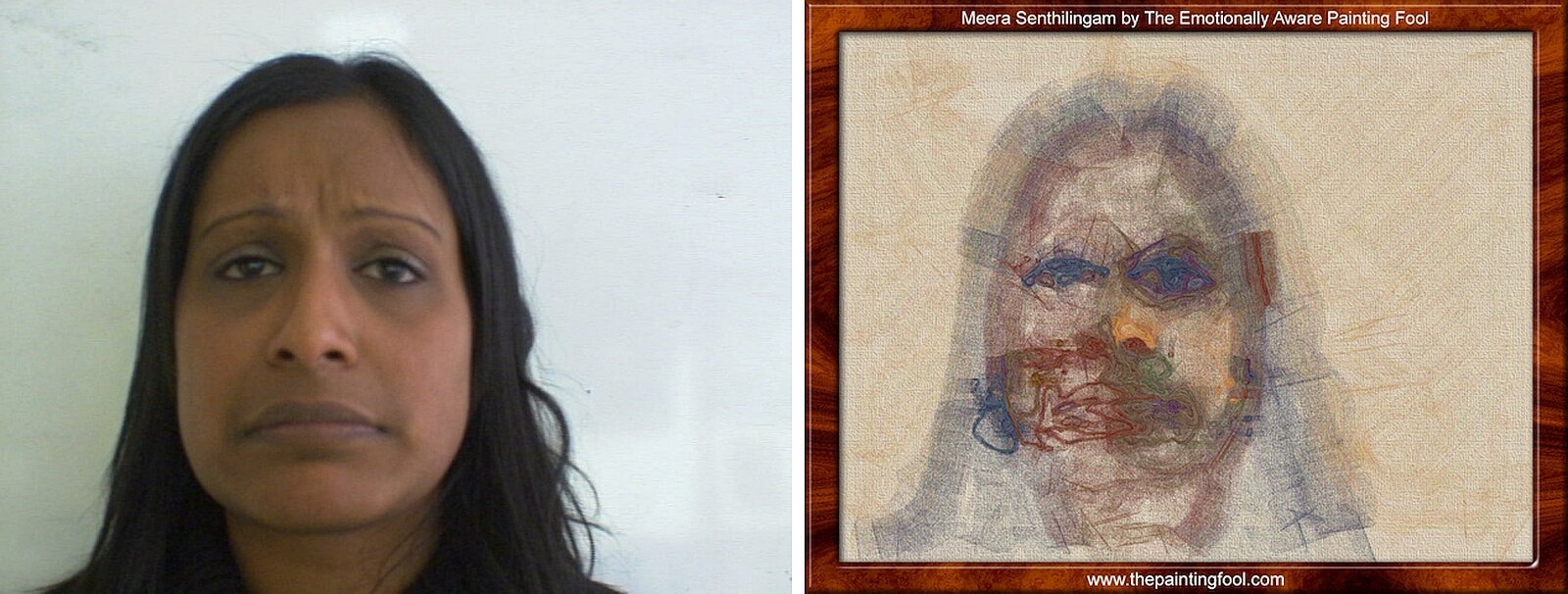 Figure 15.2  
Sad face (left). As rendered by The Painting Fool, in muted colors, with a dull background, (right) 2015. 
