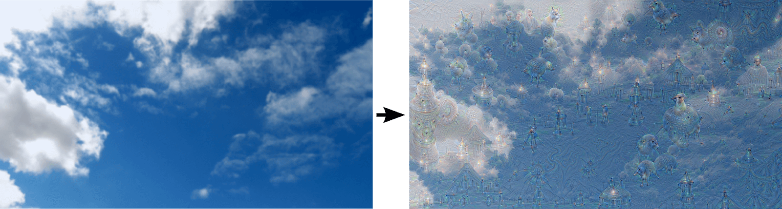 Figure 7.5  Picture of clouds before (left) and after (right) being transformed by DeepDream, 2015.